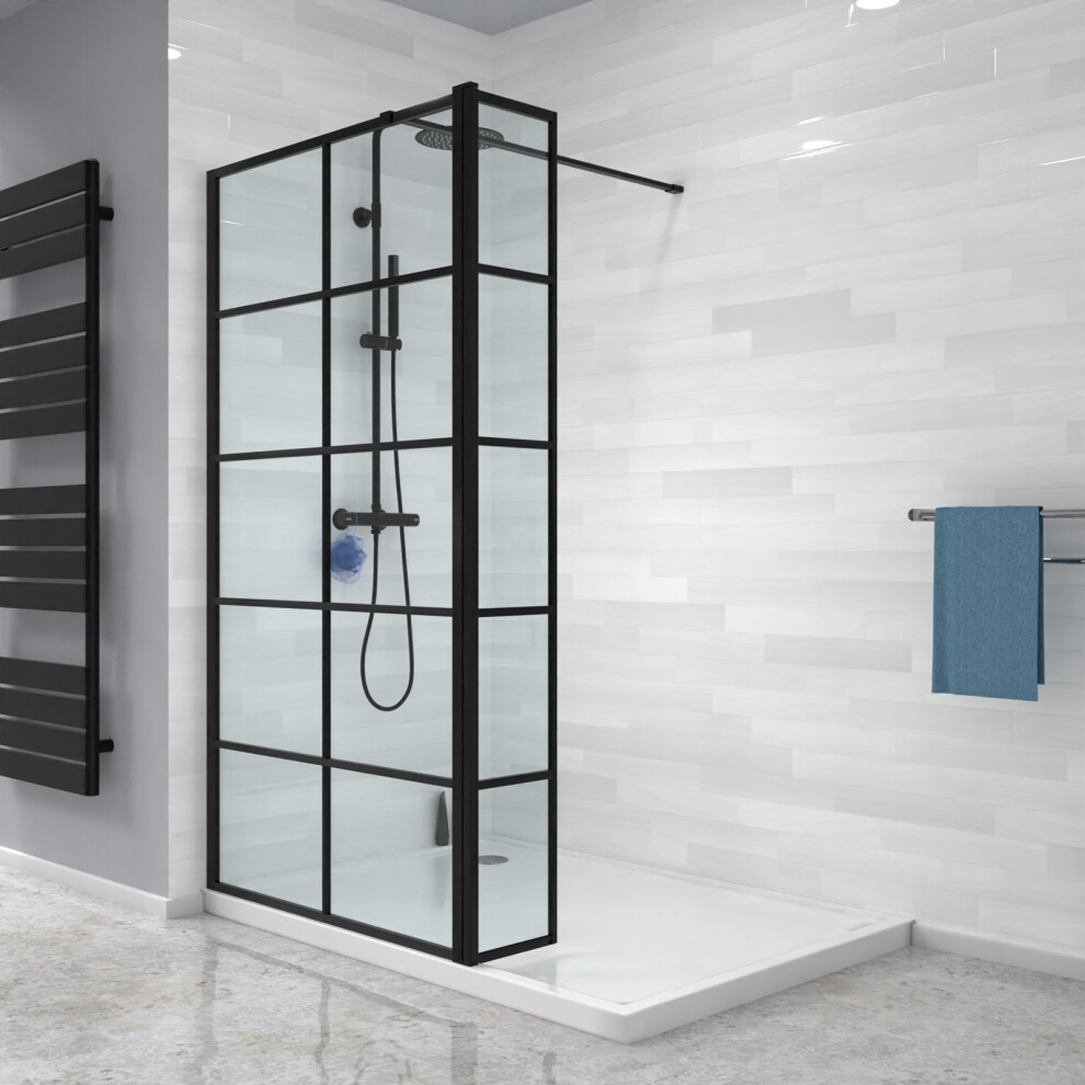 Nes Home Black Grid 800mm Shower Screen 8mm Tempered Glass With 300mm Return Panel
