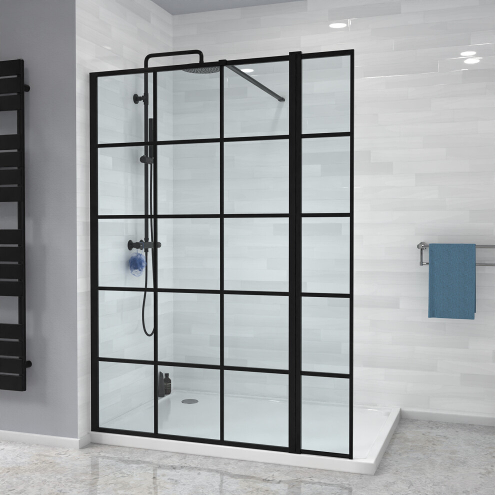 Nes Home Black Grid 1000mm Shower Screen 8mm Tempered Glass & Return Panel