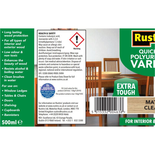 Rustins Rustins Quick Dry Polyurethane Varnish Extra Tough Matt Clear 1Litre 1
