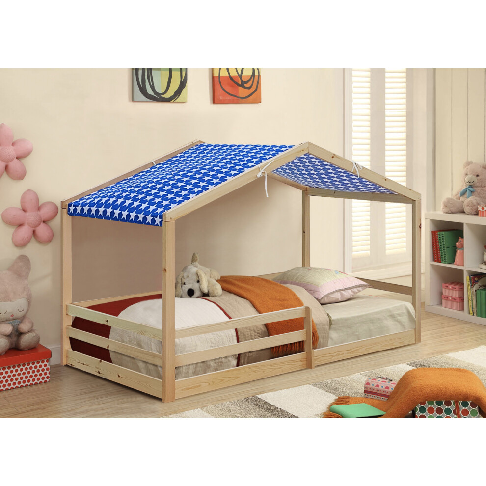 (No Mattress, With Blue Tent) 3ft Sinfle Pine Wooden House Bed With Tent And Mattress Options