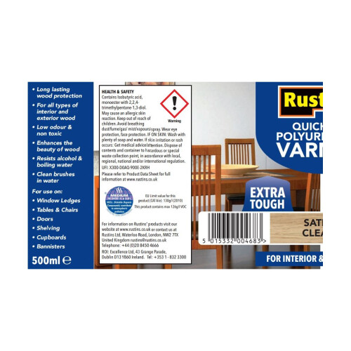 Rustins Rustins Quick Dry Polyurethane Varnish Extra Tough Satin Clear 2.5L 1