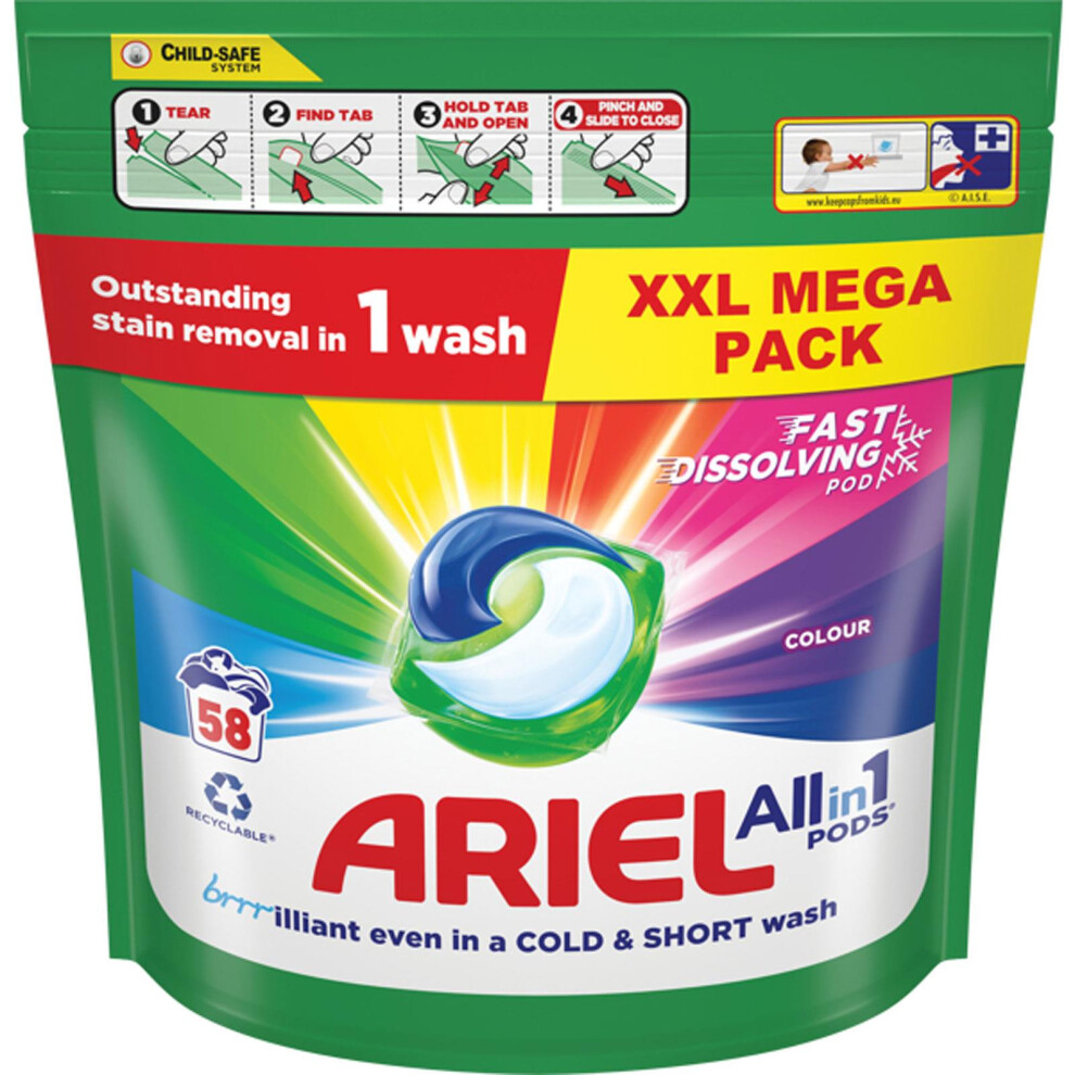 Ariel All-In-1 Fast Dissolving Pods  for Colours- 58 Washes