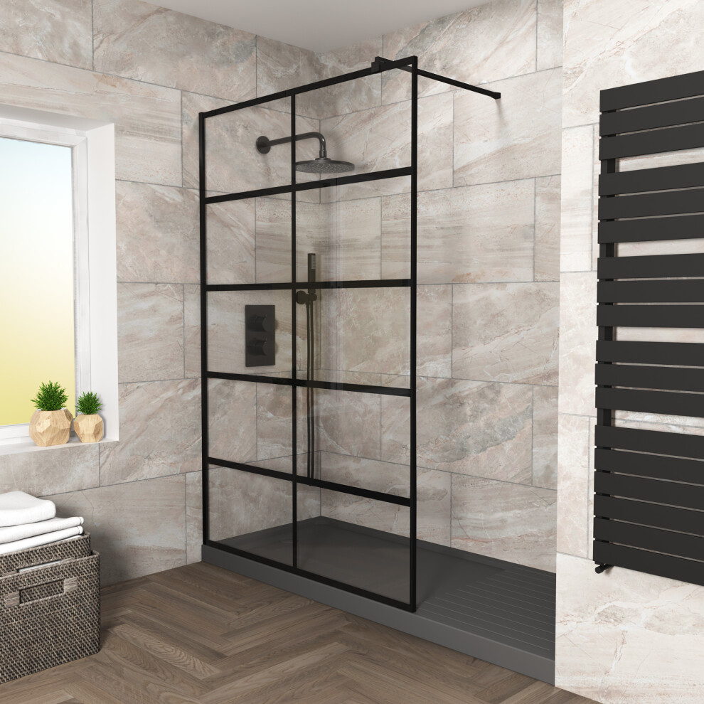 Nes Home Black Grid 800mm Shower Screen 8mm Tempered Glass with Support Bar