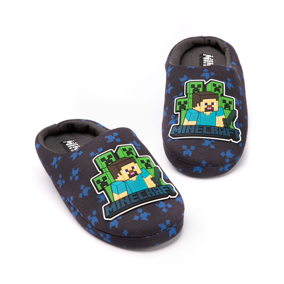 (navy, UK Child 11) Minecraft Slippers Boys Kids Blue Creeper vs Zombie House Shoes