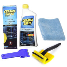 Kit de Nettoyage Complet Cerama Bryte pour Plaques de Cuisson, 10 Tampons, 1 Outil POW-R Grip, 1 Grattoir, 1 Chiffon Microfibre, 28 Fl Oz