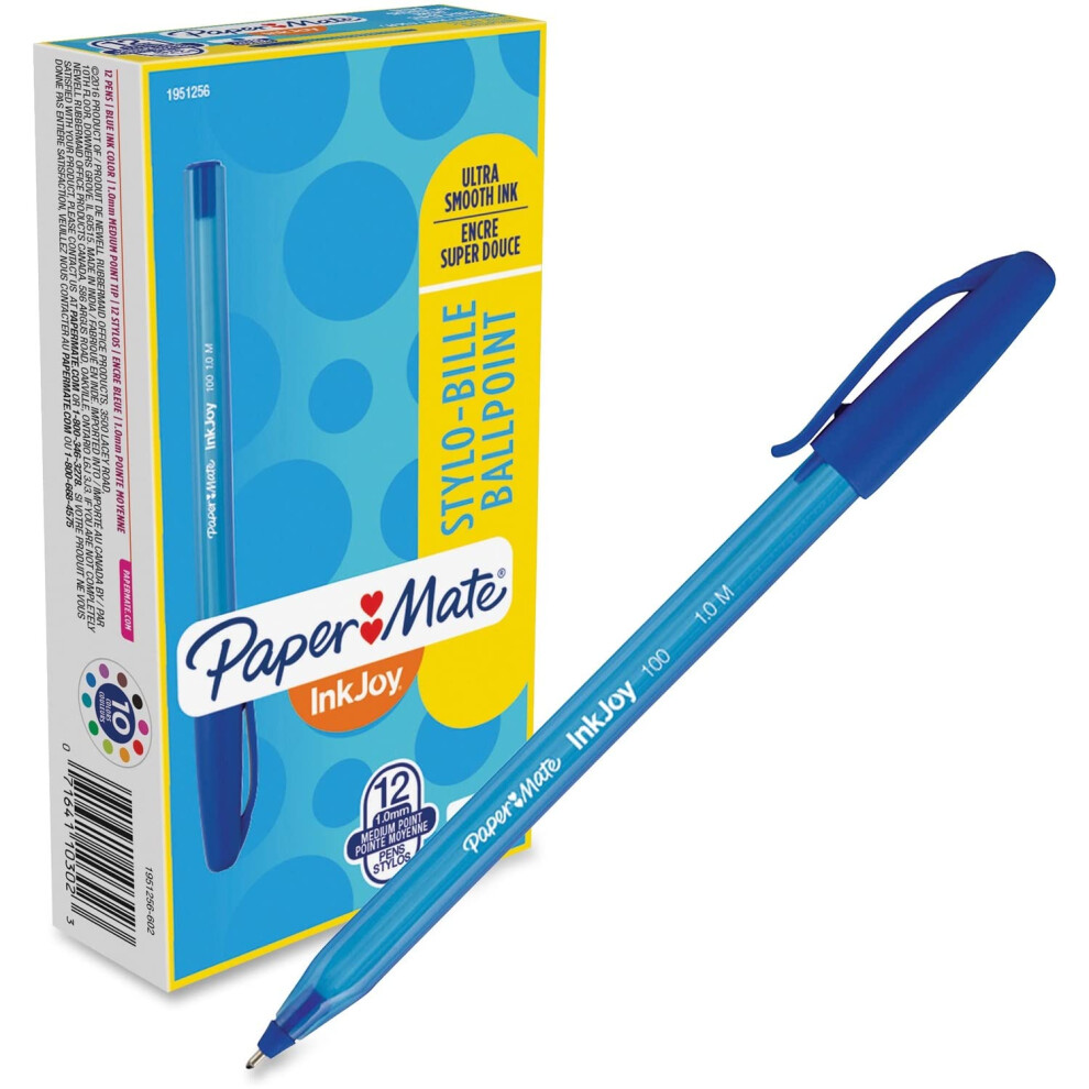 Paper Mate 1951256 InkJoy 100 Ballpoint Stick Pen  1mm  Blue  Dozen