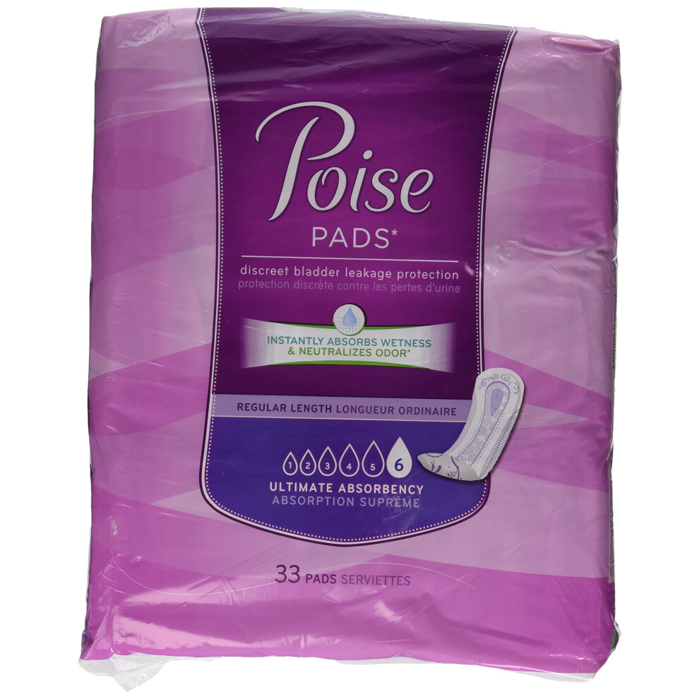 Poise Incontinence Pads & Postpartum Incontinence Pads, 6 Drop Ultimate Absorbency, Regular Length, 33 Count, Packaging May Vary