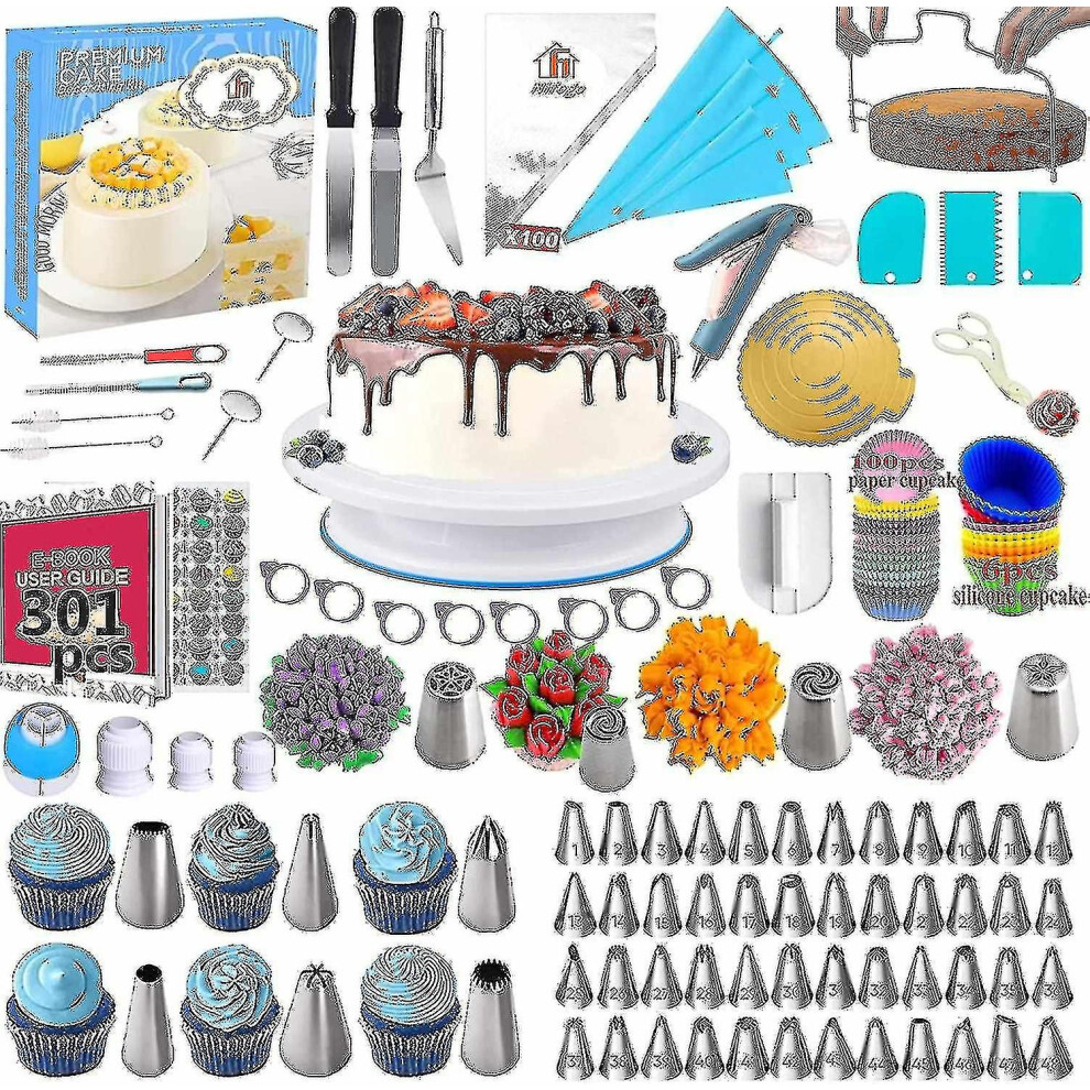 Professional Baking Kit 301 Pieces, Cake Turntable, Pastry Nozzles, Piping Bag, Cake Decorating Kits