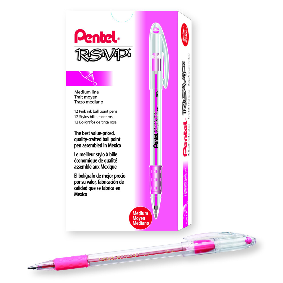 Pentel RSVP Ballpoint Pen 10mm Medium Tip Pink Ink Box Of 12 BK91P