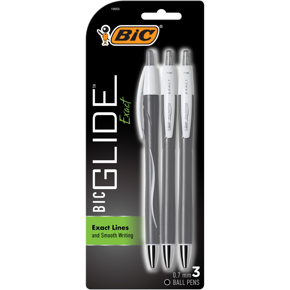 BIC Glide Exact Retractable Ball Point Pen  Fine Point Pens 07 mm  Black  Precise Lines For Clean Writing  3Count