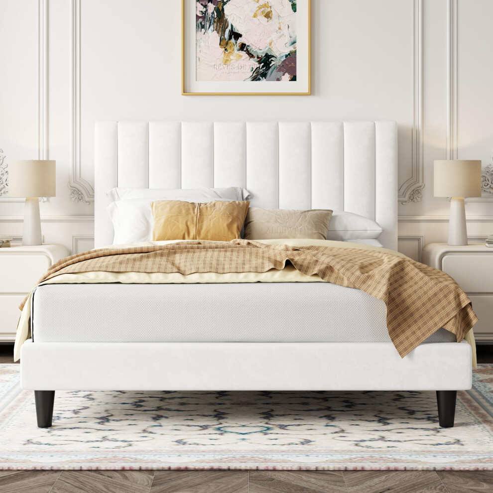 Allewie Queen Bed FrameVelvet Upholstered Bed Frame with Vertical Channel Tufted HeadboardStrong Wooden SlatsPlatform Bed Fra