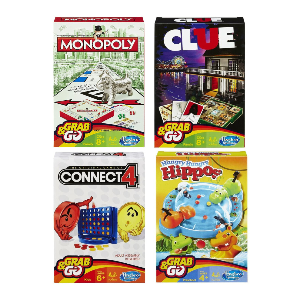 Hasbro Family Grab and Go Variety Pack Bundle Clue  Monopoly  Connect 4 and Hungry Hungry Hippos Travel Sized Board Games 4 It