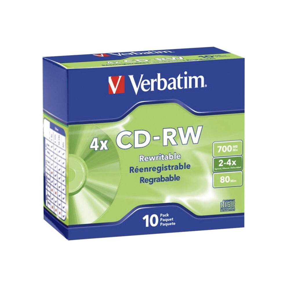 Verbatim CDRW 700MB 2X4X with Branded Surface  10pk Slim Case