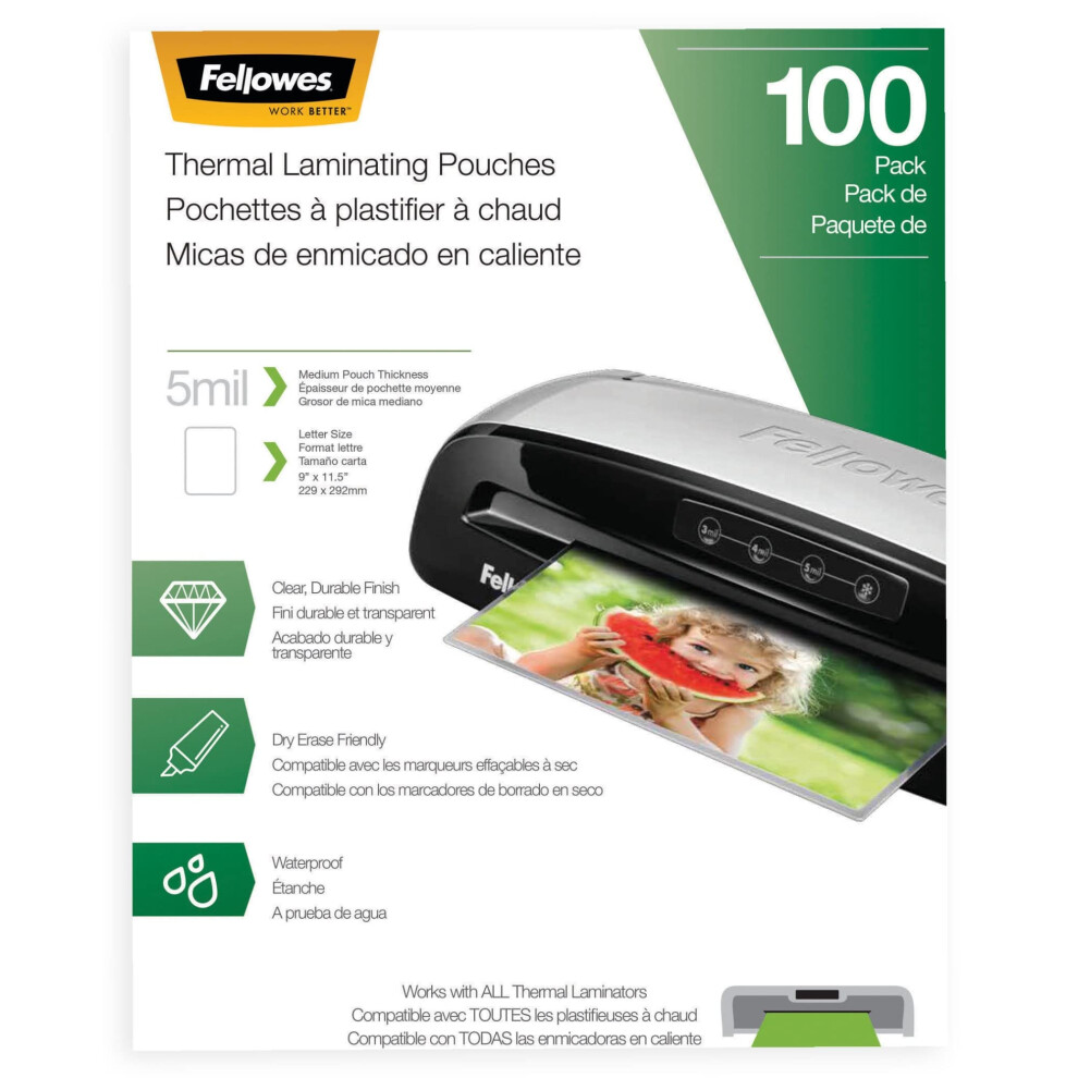 Fellowes Thermal Laminating Pouches  5mil Letter Size Sheets  9 x 115  100 Pack  Clear 5743501