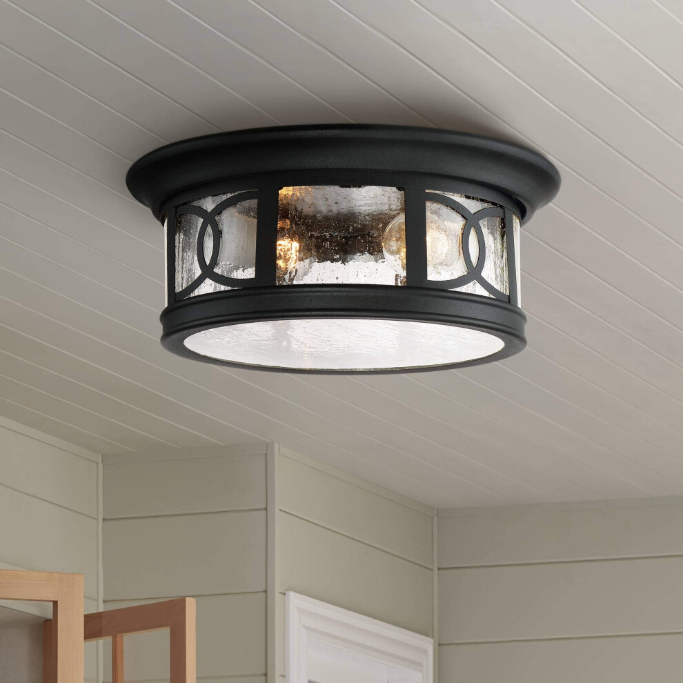 John Timberland Capistrano Mission FlushMount Outdoor Ceiling Light Fixture Black 12 Seedy Glass Damp Rated for Exterior Hous