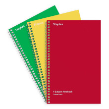 STAPLES Spiral Notebooks, 1-Subject College Ruled, 5 x 7.75 Inch, 80-Sheets, 3-Pack, Assorted Colors