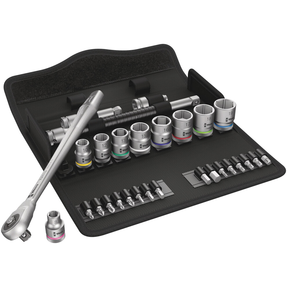 Wera 05004047001 8100 SB 7 Zyklop Metal Ratchet Set with PushThrough Square  38 Drive  Metric  29 Pieces