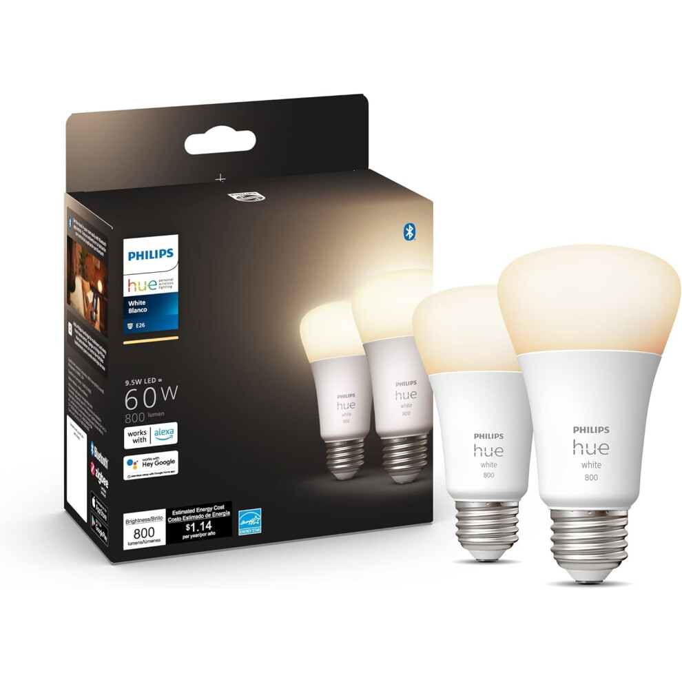 Philips Hue Smart 60W A19 LED Bulb  Soft Warm White Light  2 Pack  800LM  E26  Indoor  Control with Hue App  Works with A