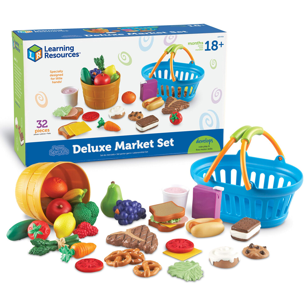 Learning Resources New Sprouts Deluxe Market Set  32 Pieces  Ages 18 Months Pretend Play Food for Toddlers  Preschool Learning