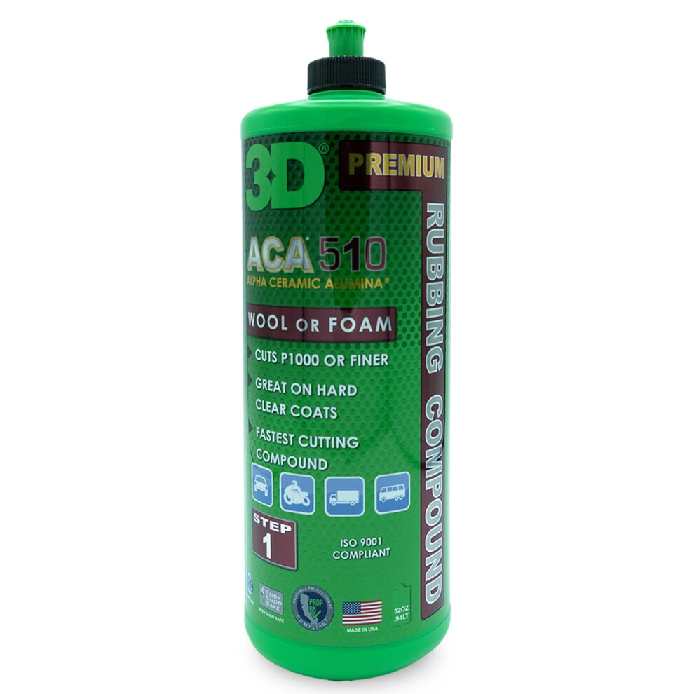 3D Aca 510 Premium Rubbing Compound - 32Oz - Step 1 Fastest Cutting Body Shop Compound With Wool Or Foam Pad - Cuts P1000 Or Finer - Great On Hard Cle 606663004203