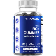 Vitamatic, Gommes de Fer Végétaliennes avec Vitamine C, Raisin Naturel, 60 Gommes