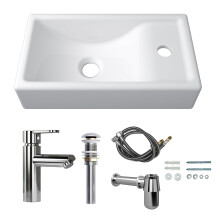 MEJE 16Inch Wall Hung Basin Sink Combo Small Cloakroom Basin Rectangle Ceramic Bathroom Wash Basin Right Hand Sink Set Inc