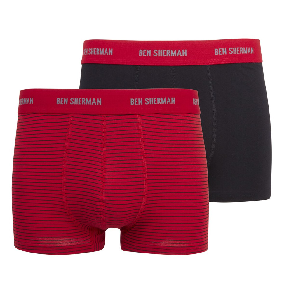 (Red, S) Ben Sherman Mens New 2 Pack Trunks Boxer Shorts Designer Cotton Rich Underwear