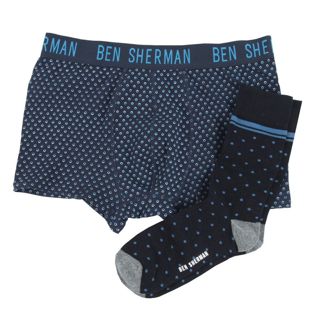 (Navy, Small) Ben Sherman - Men'S Cotton Blend Boxer And Socks Gift Box Set 'Glen' - Sizes S-Xl