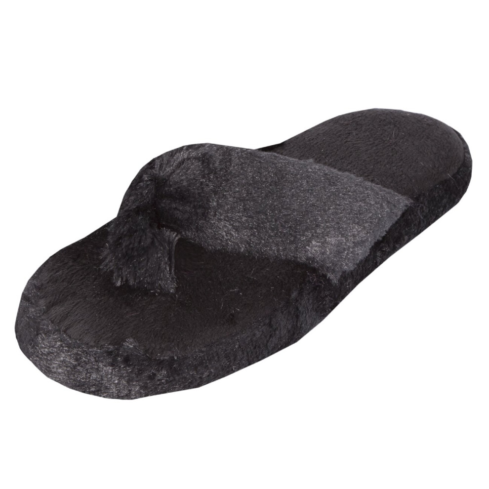 (Black, UK 7 (US 9)) Forever Dreaming Womens Memory Foam Faux Fur Indoor Thong Flip Flop Slippers