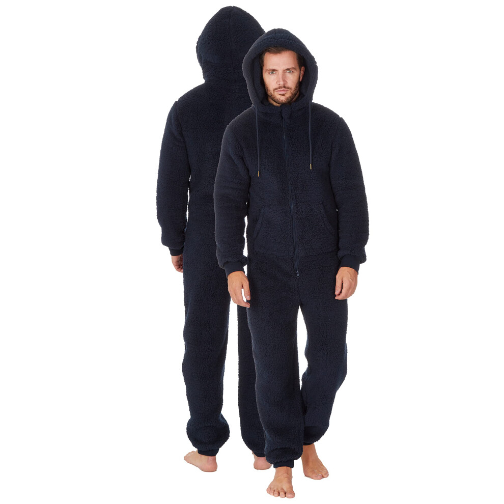 (Navy, M-L) Onezee Mens Borg Sherpa Fleece Hooded One Piece Jumpsuit Zipped All In One Pyjamas Kigurumi Sleepsuit With Patch Pockets Small Medium Large Xlarge