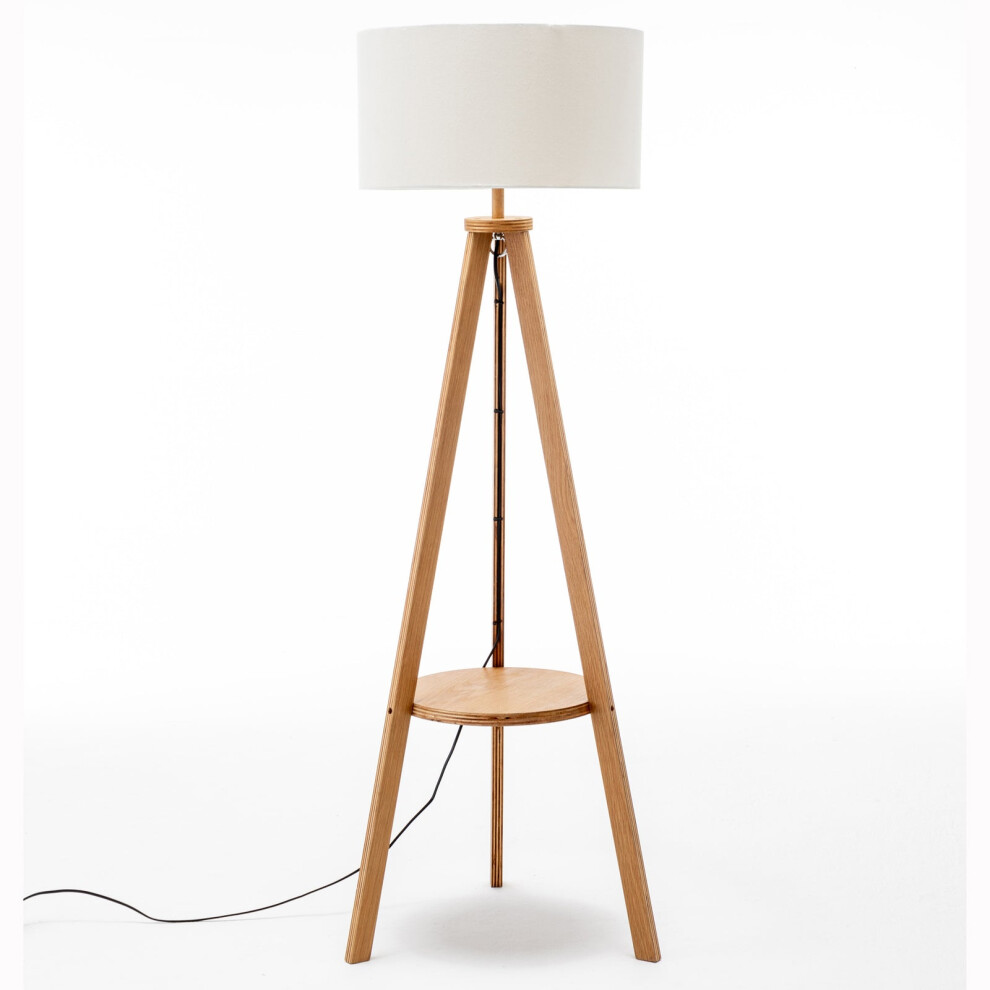 Natural Wooden Tripod Floor Lamp w/ Round Wood Shelf + Off White Linen Shade