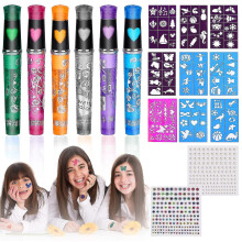 Tattoo Pens Kids 6 Glitter Colors, Tattoo Gel Pens With 8 Stencils 80 Patterns Face Gem, Tattoo Pens Set For Boys Girls Halloween Party Dress Up