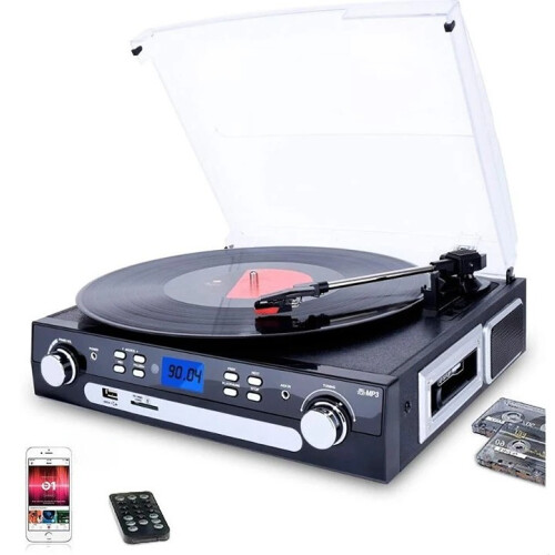 DIGITNOW! All-in-One Vinyl Turntable with Bluetooth, AM/FM Radio, Cassette, 3-Speed, USB/SD Encoding & Built-in Speakers