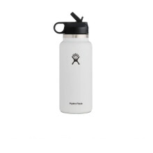 (White) Hydro Flask Stainless Steel Wide Mouth Water Bottle with Flex Straw Lid and Double-Wall Vacuum Insulation