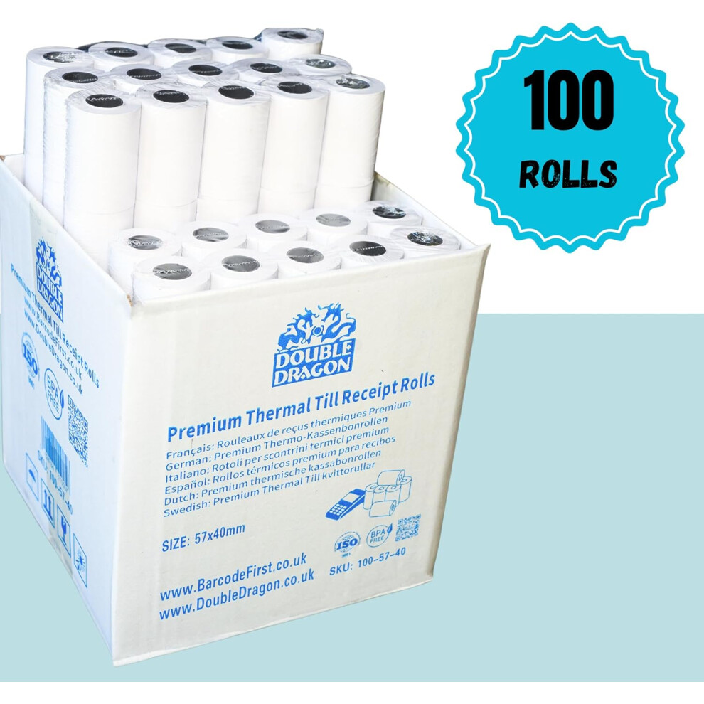 Double Dragon, 57 x 40 mm Premium Thermal Paper Till Receipt Roll for PDQ Credit Card Machine, POS, EPOS [Pack of 100]Double Dragon Store