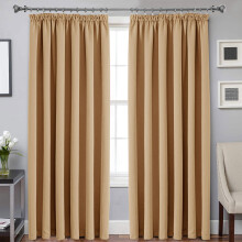 (Beige Pencil Pleat) Thermal Blackout Door Curtain Eyelet Ring Top & Pencil Pleat Curtains With Tie Backs
