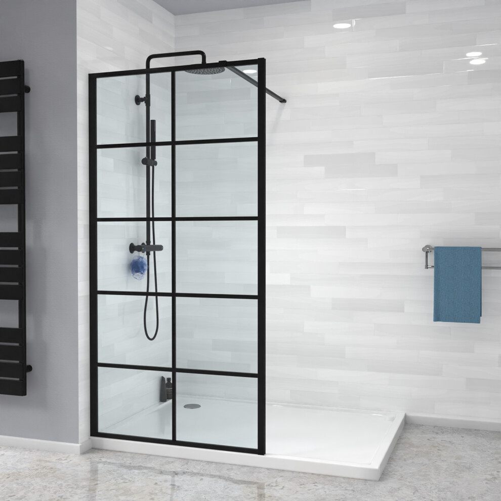 Stanley Black Grid 900mm Shower Screen 8mm Tempered Glass with Support Bar