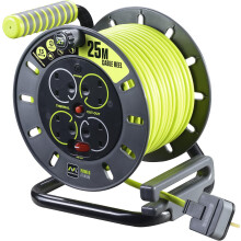 Masterplug Pro-XT Four Socket Open Cable Reel Extension Lead with Winding Handle Thermal Cut Out & Power Switch 25 Metres High Visibility Cable Green