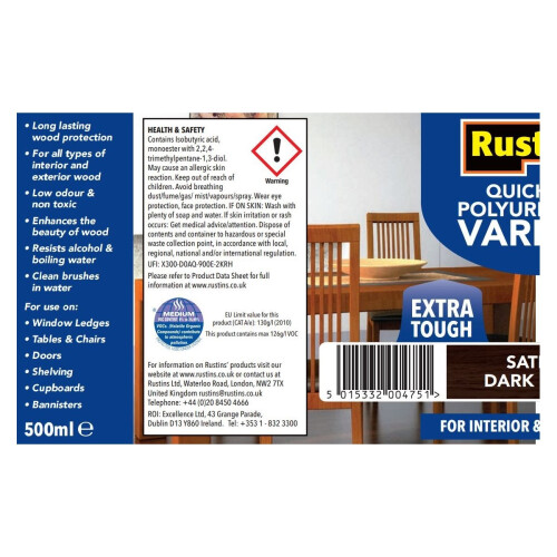 Rustins Rustins Quick Dry Polyurethane Varnish Extra Tough Satin Dark Oak 2.5L 1