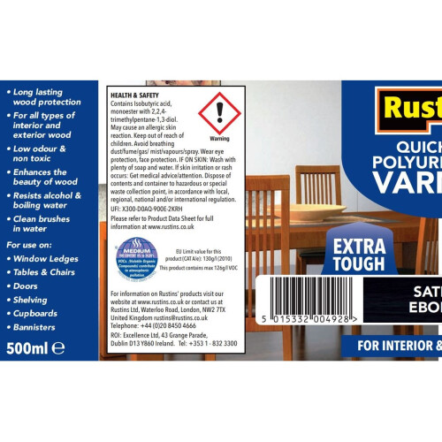Rustins (500ml) Rustins Quick Dry Polyurethane Varnish Extra Tough Satin Ebony 2