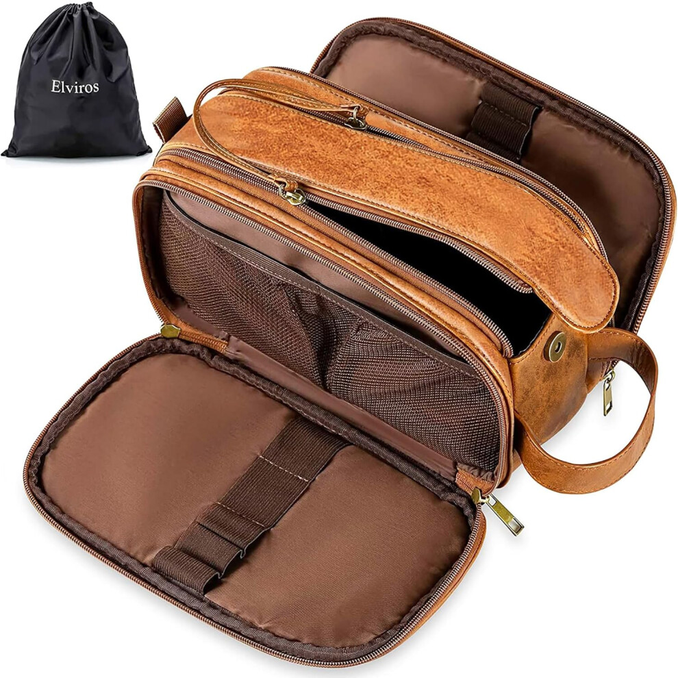 Elviros Water-Resistant Leather Toiletry Bag For Men Large Travel Wash Bag Shaving Dopp Kit Bathroom Gym Toiletries Makeup Organizer With Wet Dry Bag