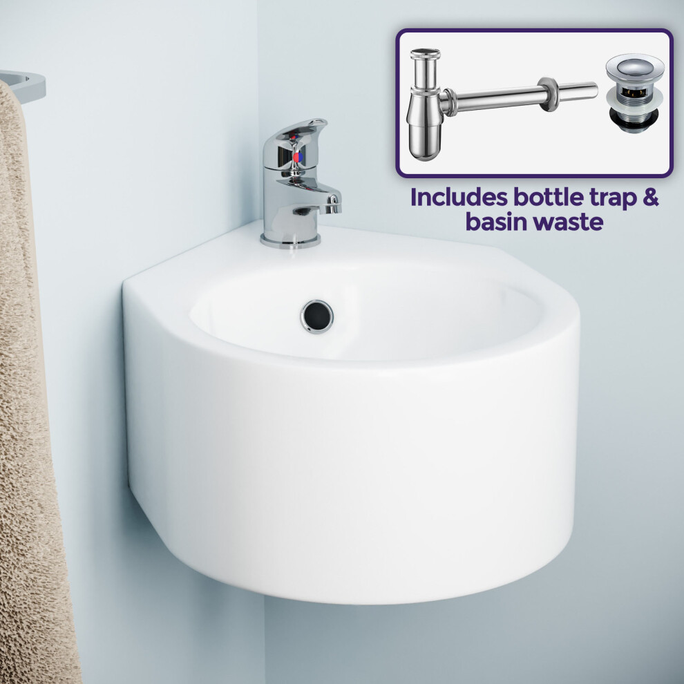 Nes Home Palmer 310 X 435Mm Wall Hung Corner Basin With Bottle Trap And Waste White