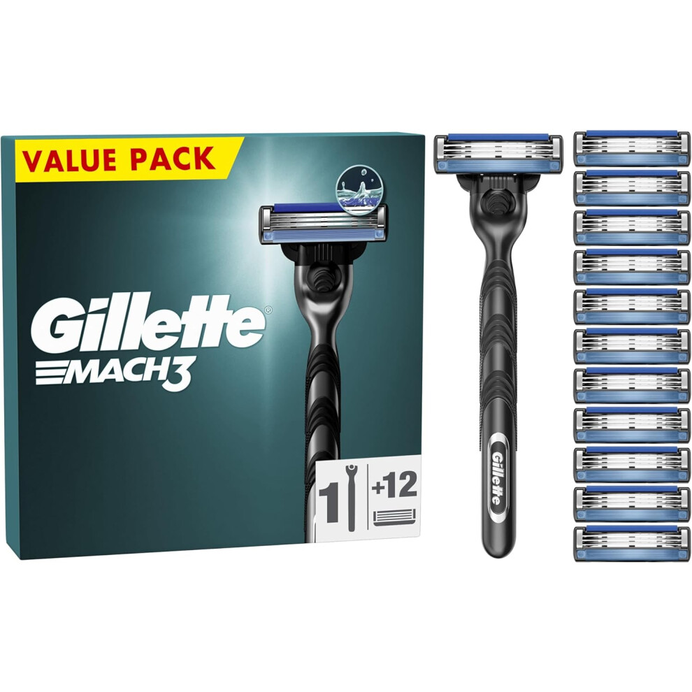 Gillette Mach3 Men's Razor + 12 Razor Blade Refills, 3 Blades for a Smooth Shave, Fits All Mach3 Handles