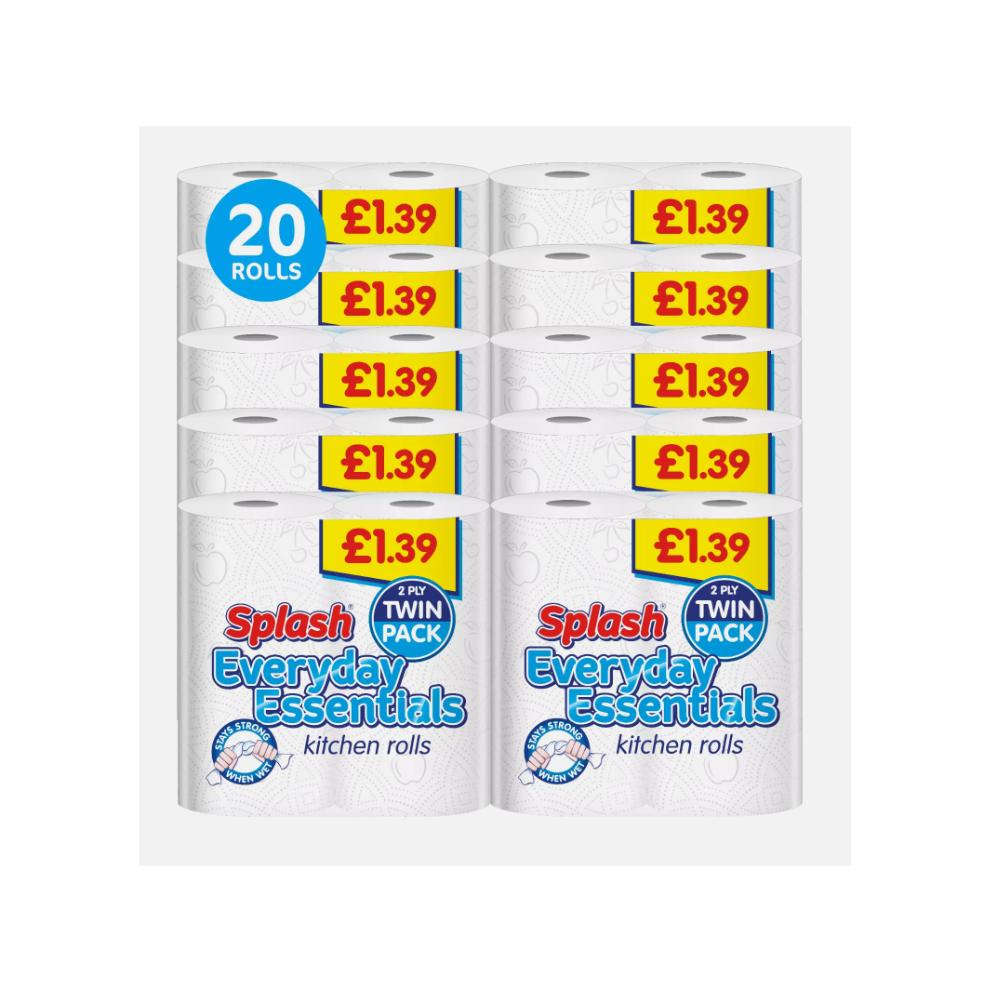 (20 Rolls (10 x 2 Pack)) Splash Jumbo Kitchen Roll 2 Pack 2Ply Paper Towel
