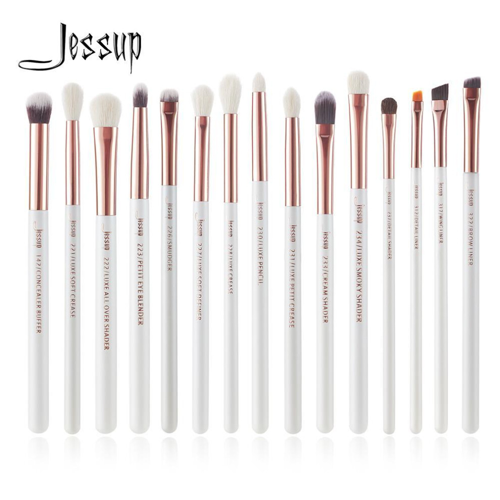 (25CM*15CM*5CM, White & Rose Gold) Jessup Professional Makeup Brushes Set 15pcs Pearl White/Rose Gold Eye Shadow Make up Brush Eye Liner Natural-synthetic hair
