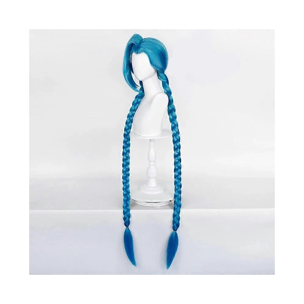 (One Size, Wig and Accessories) LOL Jinx Cosplay Wig Long Braided Blue The Loose Cannon Wig with Blue Braid Heat Resistant Synthetic Hair Anime Wigs + Wig Cap