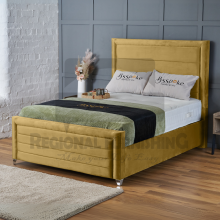 (Double-4ft6 (With Gaslift), Mustard Plush) BumperBar Border Plush Velvet Bed Frame Ottoman Storage Bed+Mattress