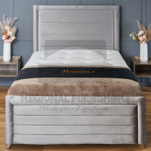 (Double-4ft6 (Without Gaslift), Silver Plush) BumperBar Border Plush Velvet Bed Frame Ottoman Storage Bed+Mattress