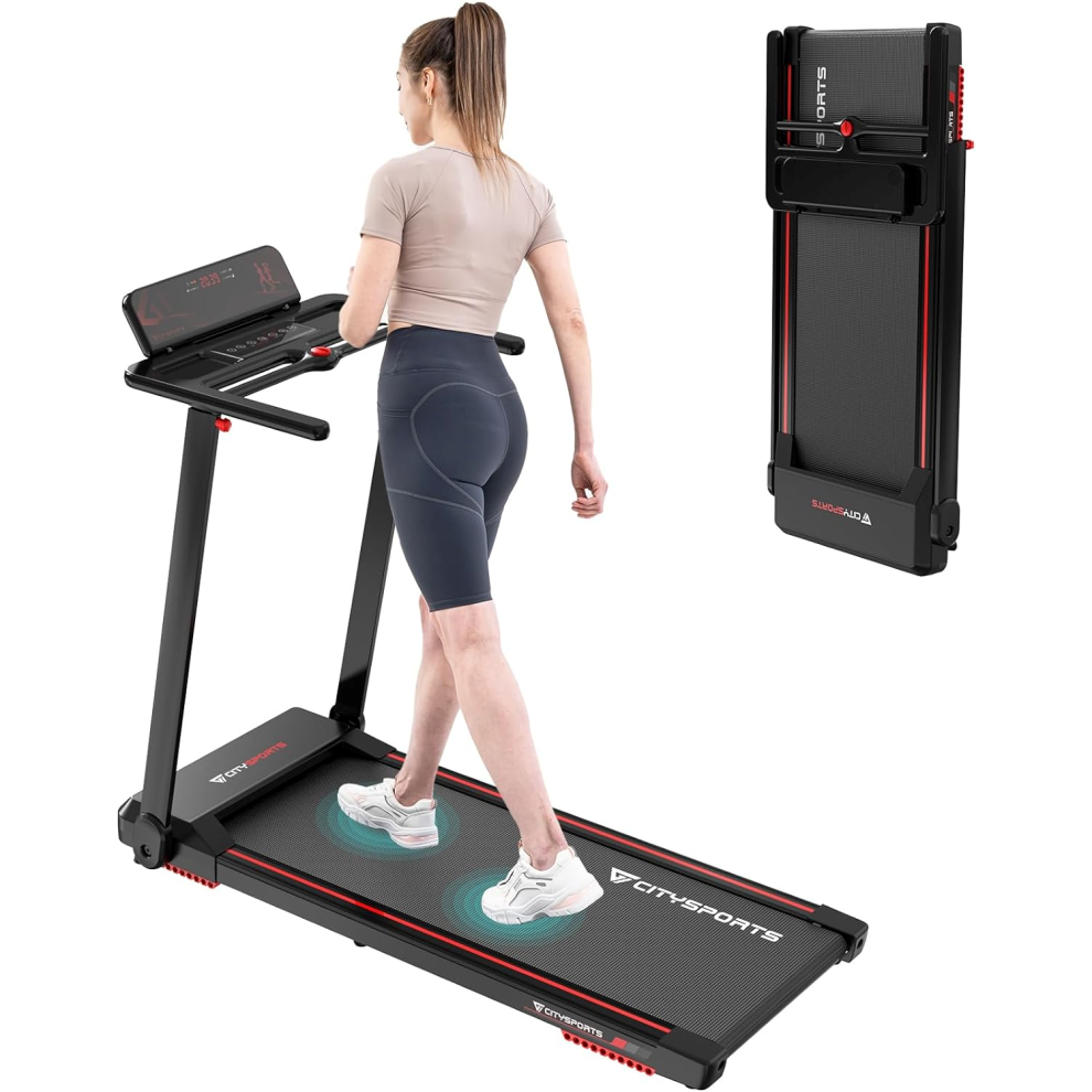 (Black-Red) Citysports Treadmill WP9 - Foldable Home/Office Treadmill with 1400W Motor - Walking Pad with LCD Screen - Bluetooth Remote Control