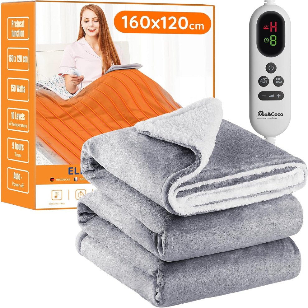 Mia&Coco Store Mia&Coco Electric Heated Blanket Throw Flannel Sherpa Fast Heating 120X160cm, 10 Heat Levels & Up-To-9-Hours Auto-Off Timer